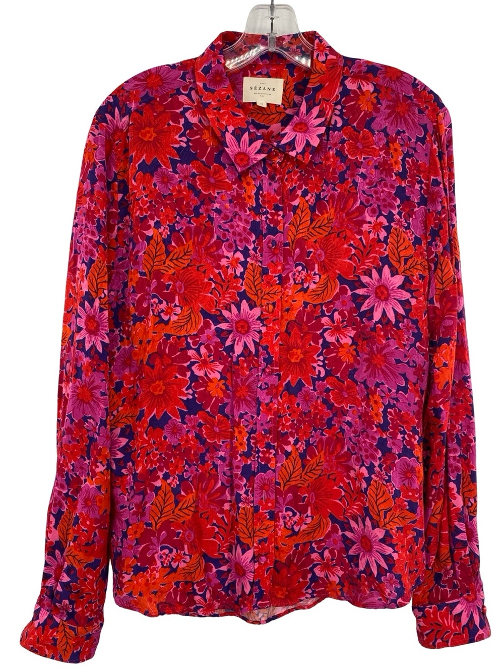Sézane Ann Fuchsia Floral Print Shirt Button Down Long Sleeve Size 44 / US 12